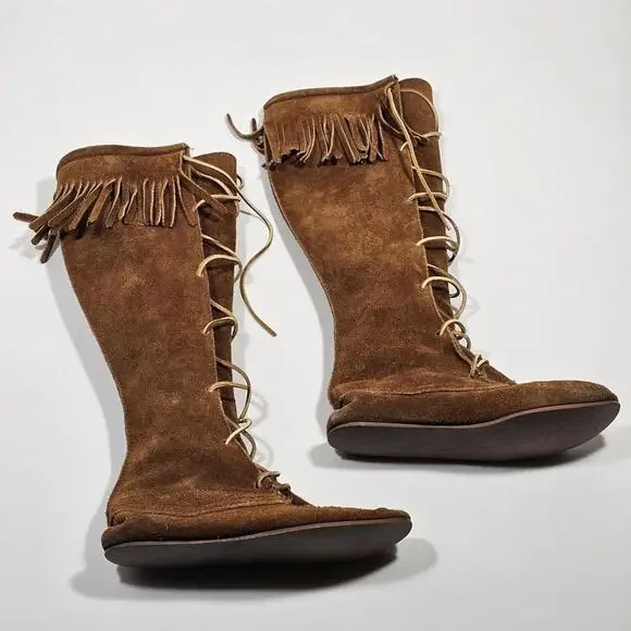 Vintage Knee High Moccasin Boots Women’s Size 6 Soft Brown Suede Leather - Picture 3 of 8